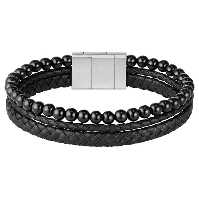 BOSS ONYX BEADS AND BLACK LEATHER BRACELET 1580786