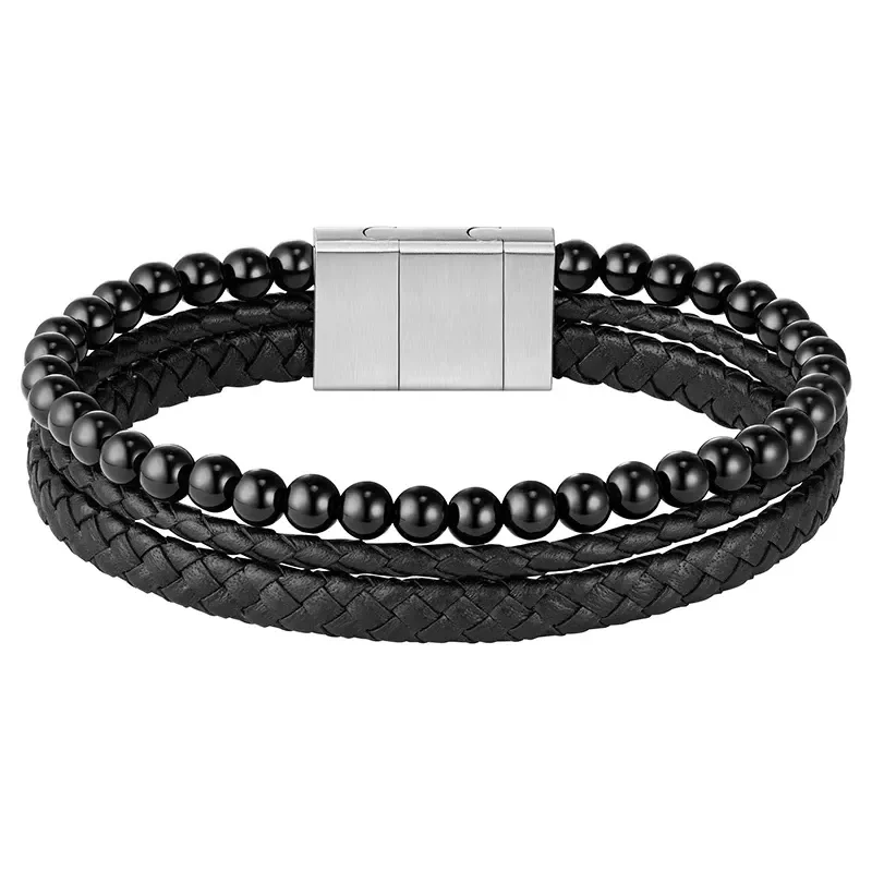 BOSS ONYX BEADS AND BLACK LEATHER BRACELET 1580786