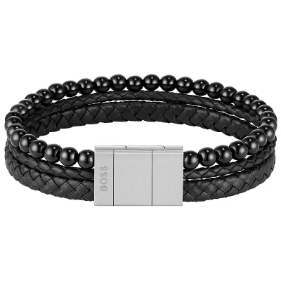 BOSS ONYX BEADS AND BLACK LEATHER BRACELET 1580786