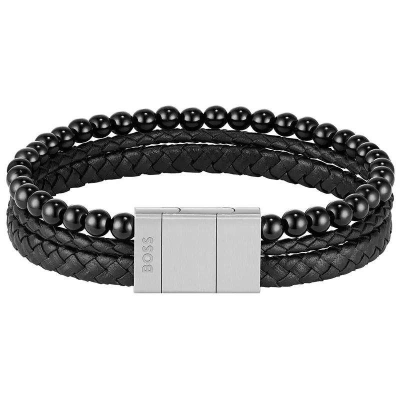 BOSS ONYX BEADS AND BLACK LEATHER BRACELET 1580786