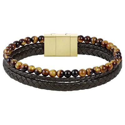 BOSS TIGER EYE BEADS AND BROWN LEATHER BRACELET 1580787