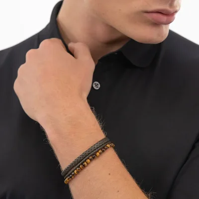 BOSS TIGER EYE BEADS AND BROWN LEATHER BRACELET 1580787