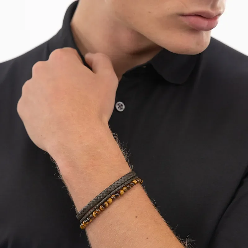 BOSS TIGER EYE BEADS AND BROWN LEATHER BRACELET 1580787