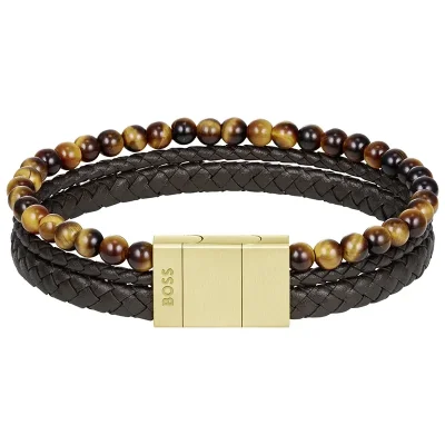 BOSS TIGER EYE BEADS AND BROWN LEATHER BRACELET 1580787