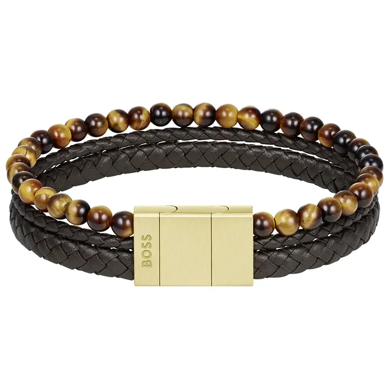 BOSS TIGER EYE BEADS AND BROWN LEATHER BRACELET 1580787