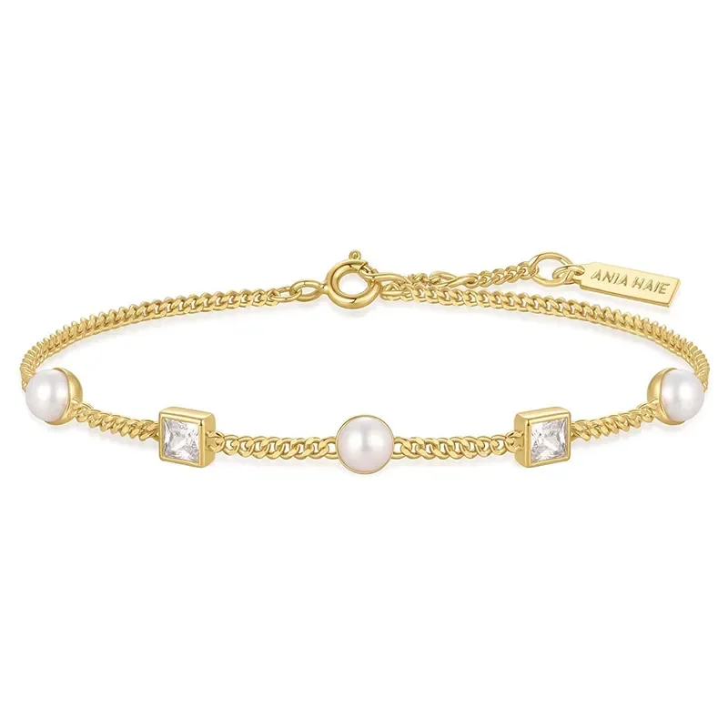 ANIA HAIE GOLD BEZEL-SET CUBE AND PEARL BRACELET B069-02G