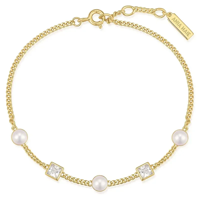 ANIA HAIE GOLD BEZEL-SET CUBE AND PEARL BRACELET B069-02G
