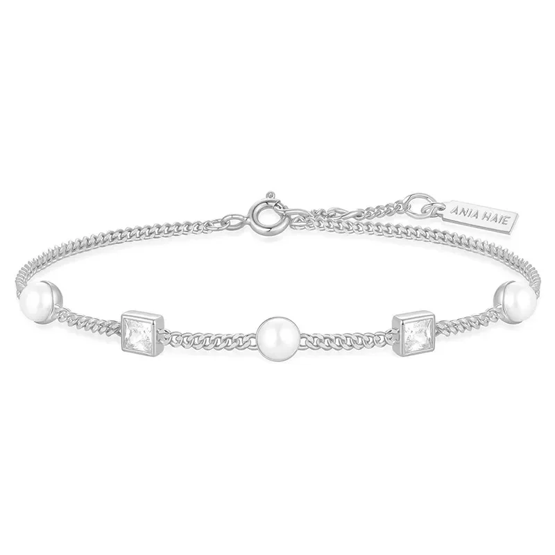 ANIA HAIE SILVER BEZEL-SET CUBE AND PEARL BRACELET B069-02H