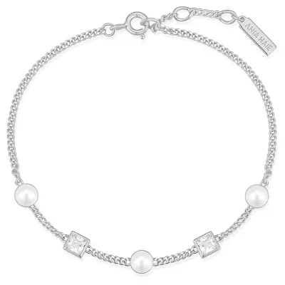 ANIA HAIE SILVER BEZEL-SET CUBE AND PEARL BRACELET B069-02H