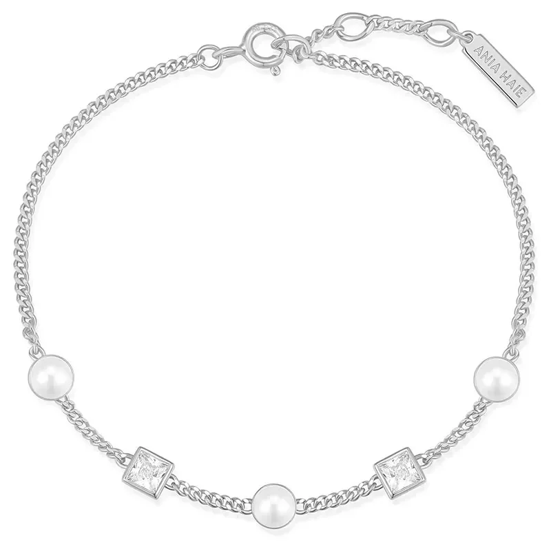 ANIA HAIE SILVER BEZEL-SET CUBE AND PEARL BRACELET B069-02H