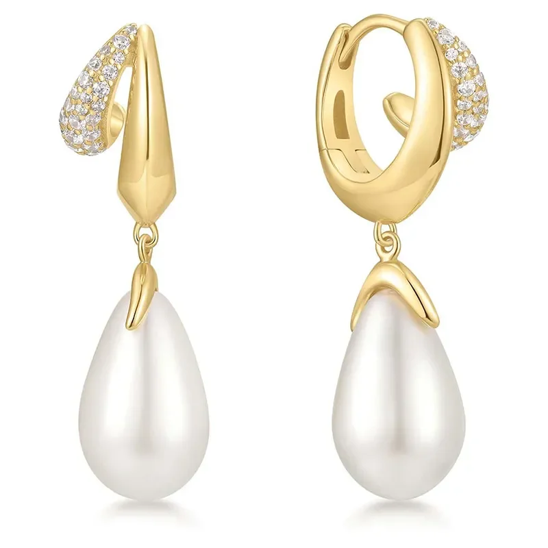 ANIA HAIE SPARKLING DUET SHELL PEARL DROP HOOP EARRINGS E069-09G