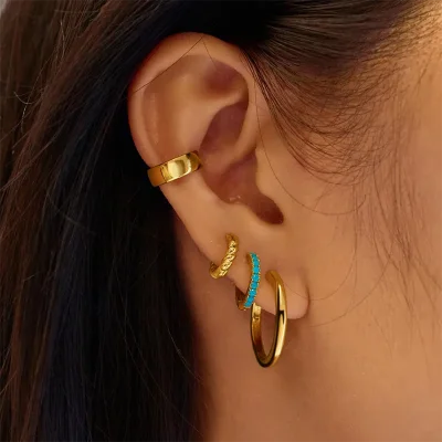 ANIA HAIE GOLD AQUA BLUE ROW HUGGIE HOOP EARRINGS E073-03G