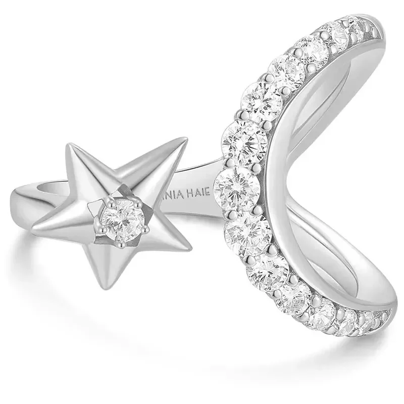 ANIA HAIE SILVER SPARKLING MOON AND STAR ADJUSTABLE RING R066-05H