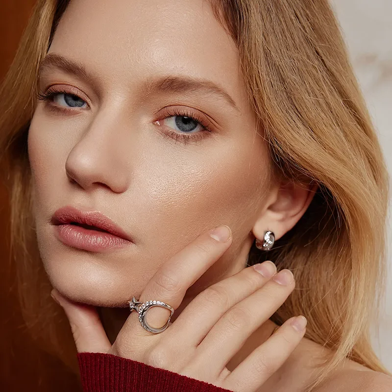 ANIA HAIE SILVER SPARKLING MOON AND STAR ADJUSTABLE RING R066-05H