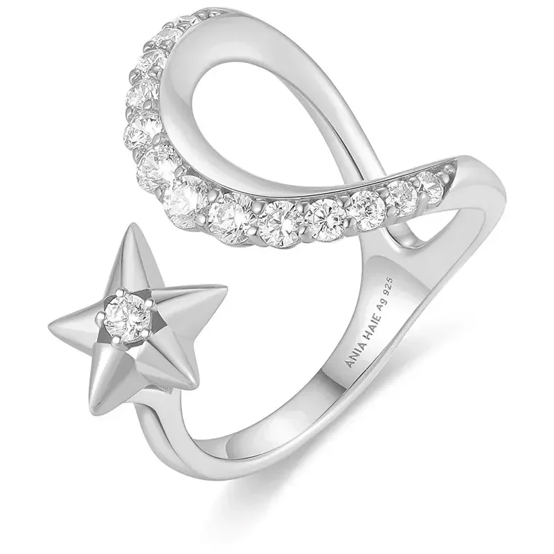 ANIA HAIE SILVER SPARKLING MOON AND STAR ADJUSTABLE RING R066-05H